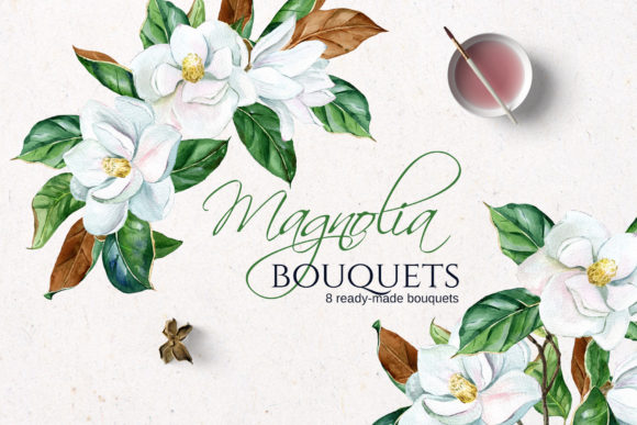 Download White Watercolor Magnolia Bouquets - Bouquets Collection